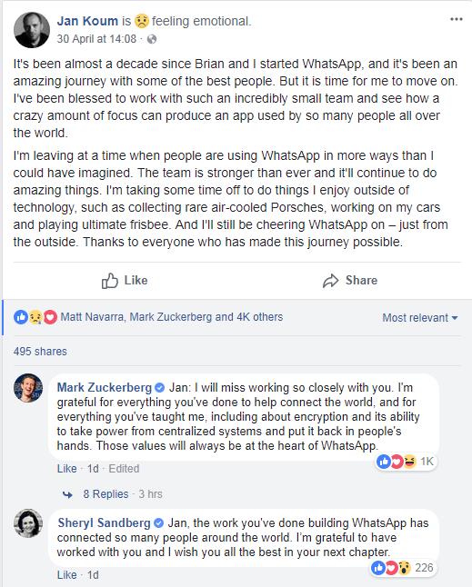 Whatsapp创始人说要离开脸书：不愿在应用内发广告