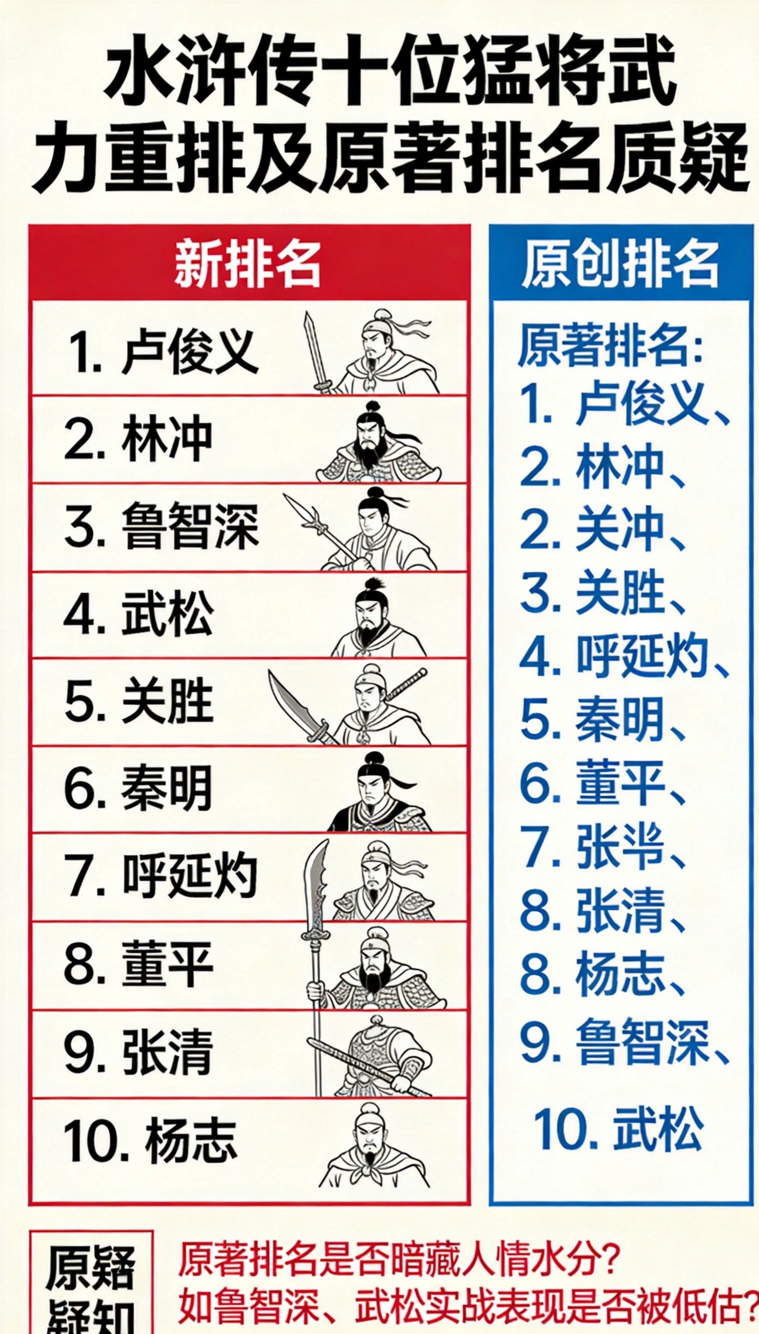 水浒传十位猛将武力排名重排，原著排名是否暗藏人情水分？