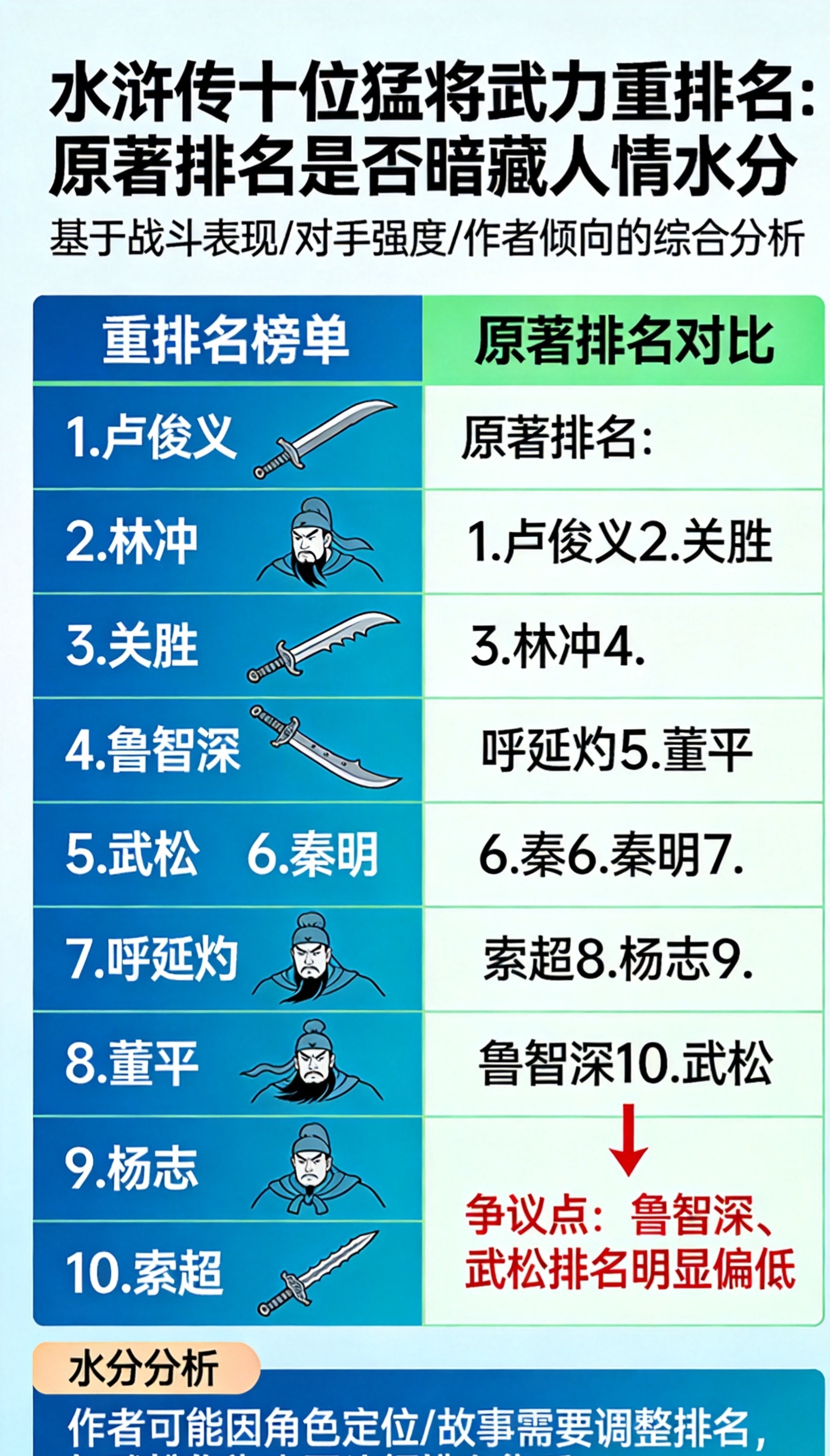 水浒传十位猛将武力排名重排，原著排名是否暗藏人情水分？