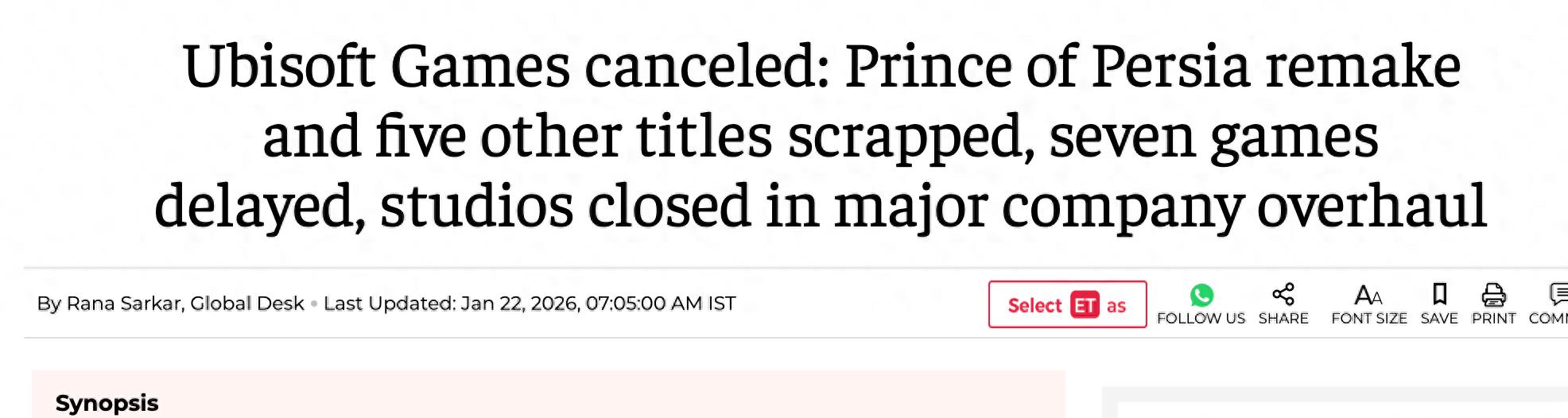 育碧宣布大规模重组，多款游戏取消或延期