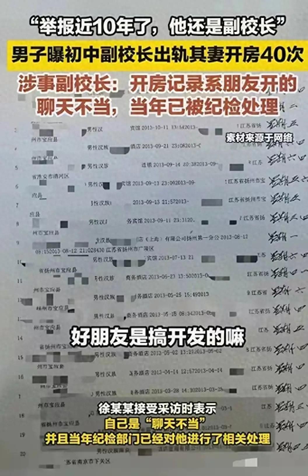 中学校长出轨人妻，半年开房40次！大尺度聊天记录流出，合照曝光